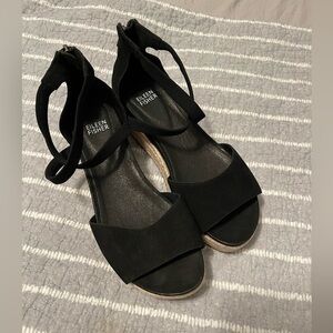 Eileen Fisher Wesson Black Suede Wedge Espadrilles Cross Cross Ankle Strap